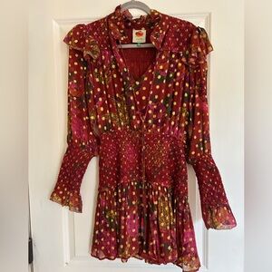 Farm Rio XS red floral mini dress gold dots